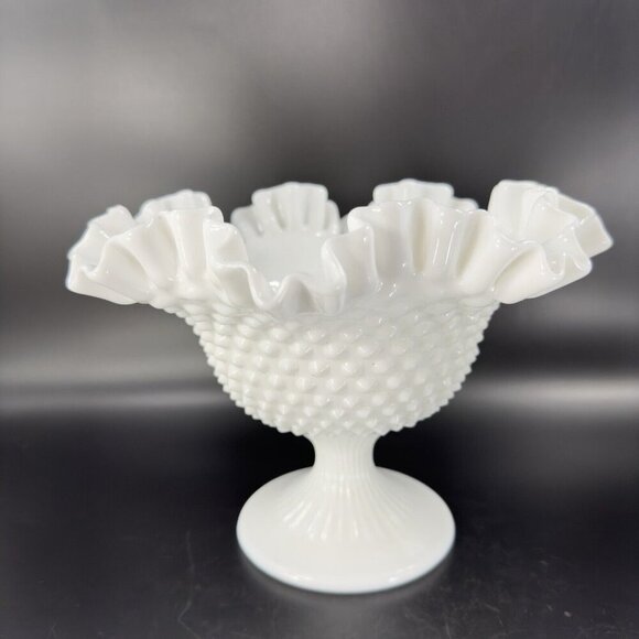 Fenton White Hobnail Footed Compote Ruffled Rim Edges Pedestal Bowl Dish Vintage - Picture 13 of 16